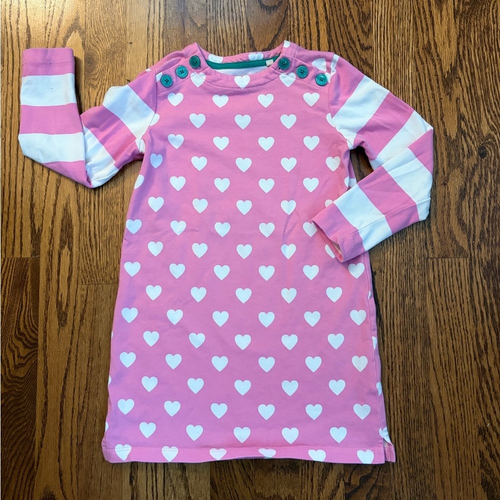Mini Boden Fun Breton Jersey Long Sleeve Dress – Pink Hearts Girls 5–6 Years